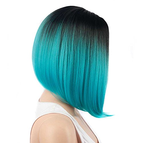 Black/Cyan Ombre Wig Full Head Bob Style Straight Cosplay Synthetic