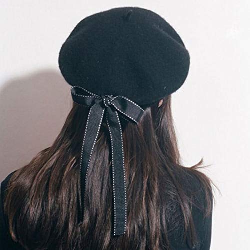 Blue Stones Women's Fashion Black Bow Berets Lace-up Bowknot Beret Hats French Style Woolen Hats Cap