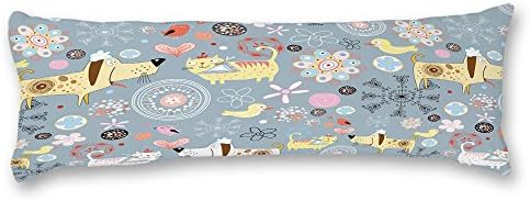 Yiuejiu Cute Cartoon Animals Dog Cat Bird Doodle Body Pillow Cover Decorative Pillowcase 20x54 Inch