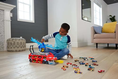 Hot Wheels City Toy Car Track Set, Ultimate 2-in-1 Dragon Transporter and 2 Die-Cast Cars, Large Dragon and Removable Dragon with Space for More Than 20 Vehicles, JKJ79