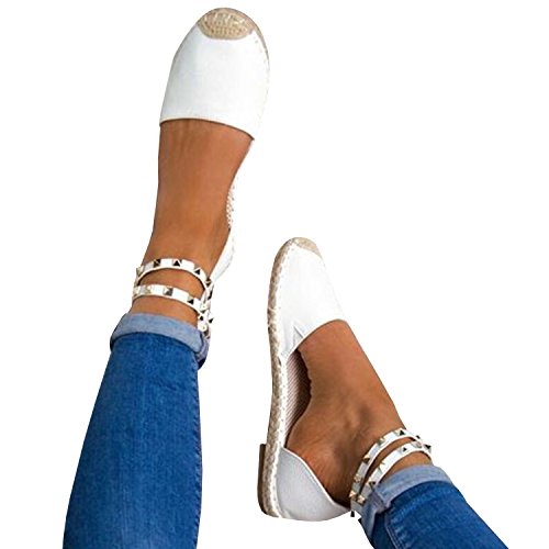 PiePieBuy Women's Bandage Sandal Flats Flip-Flop Ankle Wrap Espadrille Ballet Shoes (7.5 B(M) US - EU Size 38, White-1)