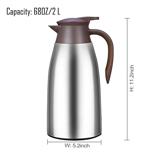 68 Oz Stainless Steel Thermal Coffee Carafe with Free Brush, Double Walled Vacuum Thermos Pot for Coffee, Tea and Hot Water, 2 Litre