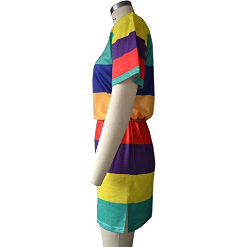 Dress-Han Shi Women Summer Striped Print Short Sleeve Crew Neck Sundress (Multicolor, XL)