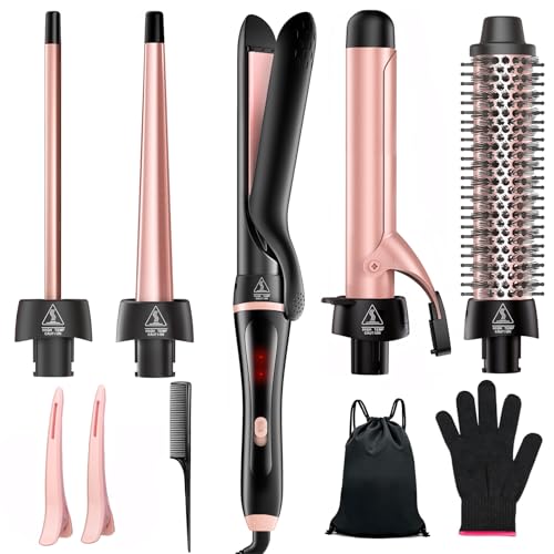 5 in 1 Curling Iron with Heat Brush and Interchangeable Ceramic Barrels (9mm-32mm), Curling Iron Set with Straightening Iron, Instant Heating, Dual Voltage, Gifts for Women