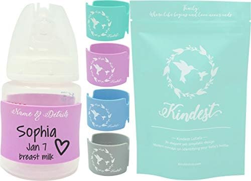 Baby Bottle Labels for Daycare (4 PK) Write Your Baby’s Name & Make it Permanent! Identify Your Baby's Bottle in Style! Soft Silicone Helps to Ease Your Baby's Grip by Kindest Company (Multi-Color)