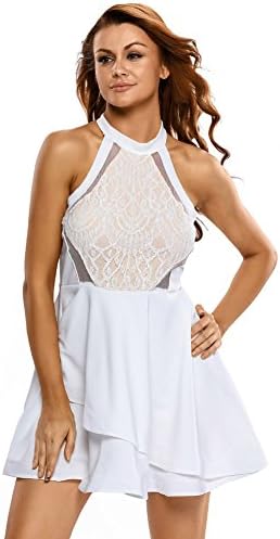 Delemo Elegant Dress High Collar Sleeveless Lace Lace Irregularly Layered Skirt Horn Dress White S