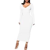 BestGirl Women's Sexy Ribbed Sweater Dresses Bodycon V Neck Off Shoulder Long Sleeve Lightweight Knit Midi Dress