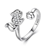 BAMOER 925 Sterling Silver Valentine's Day Gifts Sparkling CZ Stones Squirrel and Acorn Cute Ring for Women Teen Girls