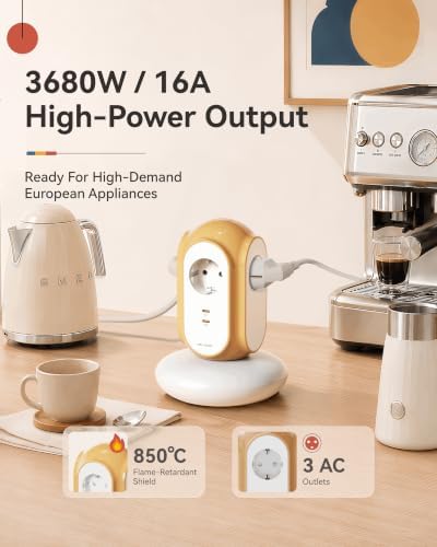 Ciabatta elettrica con 3 prese e 2 USB-C (ricarica rapida da 30 W), 3680 W/16 A, protezione da sovratensione, supporto da 479 g, cavo di prolunga da 2 m, protezione da sovraccarico