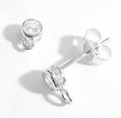 4 pcs .925 Sterling Silver Clear Cz Crystal Stud Earring Connector Loop Post / Findings / Bright