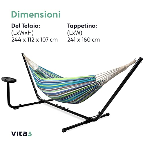 Vita5 Hammock with Stand - Adjustable Frame 290-330cm - Large 80% Cotton 20% Polyester Hammock for Garden, Patio, Balcony and Camping - Portable with Carry Bag
