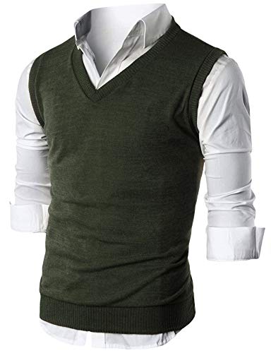 Ohoo Mens Slim Fit Casual V-Neck Knit Vest/DCV010-KHAKI-L