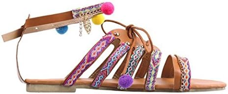 JJLOVE Women Unique Bohemia Ethnic Cross-tied Buckle Strap Gladiator Sandals Leather Sandals Flats Shoes Pom-Pom Sandals Shoes (Multicolor, 41)