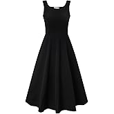 FAIRY COUPLE Black Square Neck Fit and Flare Midi Dress for Women Structured A-Line Cocktail Formal Wedding Guest