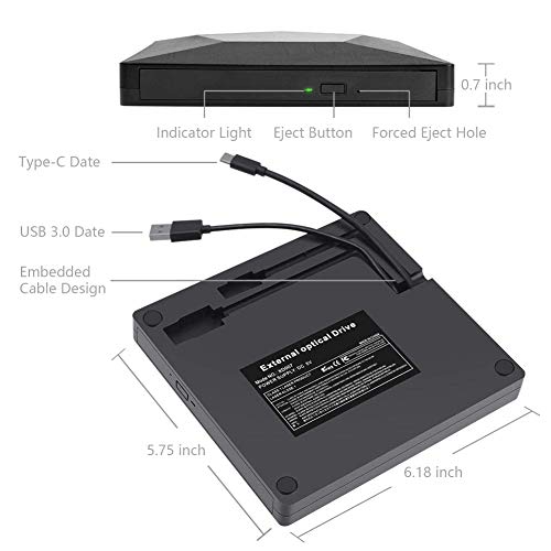 External CD/DVD Drive Player for Laptop USB 3.0 USB Type C Portable Optical Drive CD DVD RW/ROM Burner Rewriter External for Mac Windows Linux