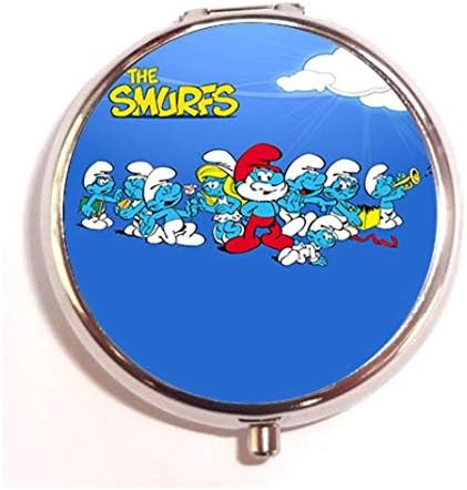 amuseds The Smurfs Custom Round Silver Pill Box Pocket Medicine Tablet Holder Organizer Case for Purse