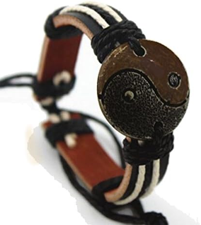 Leather Yin Yang Bohemian Punk Surf Wristband Cuff Slip Knot Bracelet Wood Focal