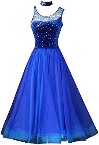 YC WELL Women Standard Ballroom Dance Competition Dresses Rhinestone Marine Royal Blue Costumes for Women Blue Tango Waltz Dresses Modern Dance Dress