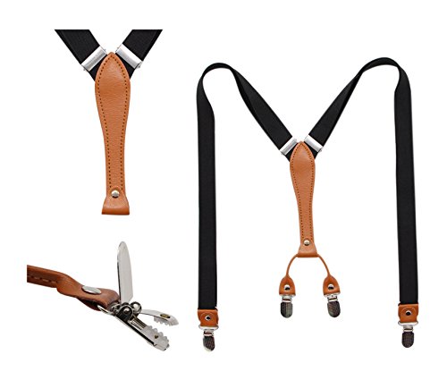 Biotetri Men Suspenders & Pre Tied Bowtie Set | Adjustable Straps, PU Leather (Black)