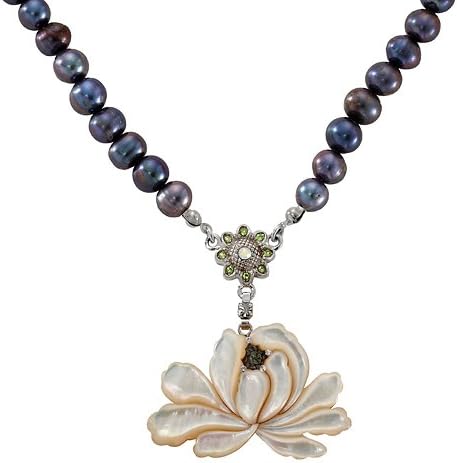 White Mother of Pearl Lotus Flower Design Shell 6-7mm Natural Saltwater Black Pearl Chain Pendant Necklace