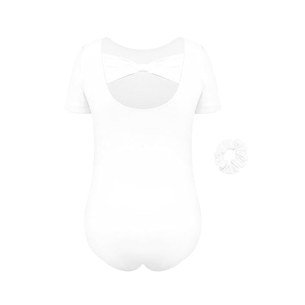 YGNEEDOM GIRLS SHORT SLEEVE LEOTARDS BOW BACK DANCEWEAR FOR BALLET GYMNASTICS 3-12 YEARS(WHITE,3-4)