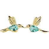 Hummingbird Earrings, Bird Dangle Stud with Aqua Crystal and Rhinestone Wings Elegant Animal Cute Jewelry Gifts for Women Hummingbirds Lovers