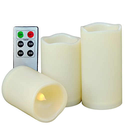 SWEETIME Outdoor Waterproof Flameless Candles with Timer& Remote Control - Battery Operated LED Flickering Candles with Amber Yellow Light (H 4" 5" 6"x D 3"Set of 3)