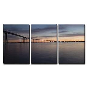 3 Piece Canvas Wall Art - San Diego聳Coronado Bridge at Dusk - Modern Home Art Stretched and Framed Ready to Hang - 16"x24"x3 Panels