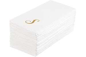 Luxenap 15.8 X 7.9 Inch Linen-Feel Guest Towels, 50 Disposable Striped Hand Towels - Gold Letter 'S', Cursive Font, White Paper Dinner Napkins, airlaid, For Restrooms And Tables - Restaurantware