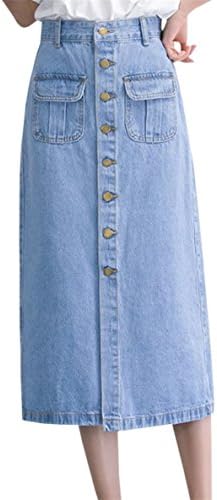 Women's Vintage Button Down High Waisted Long Midi Denim Jeans Slit Pocket Skirt