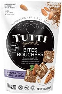 Tutti Gourmet Gluten Free Snacks Bites (Almond &amp; Cacao) - No Added Sugar - (3 Pack) 3 x 2.8 oz - Paleo Snacks - Vegan Snacks - Healthy Snacks - Great For Lunch Boxes