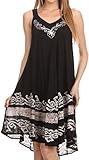 Sakkas 16605 - Gasha Sleeveless Mid Length Caftan Dress With Embroidery Details And V Neck - Black/White - OS