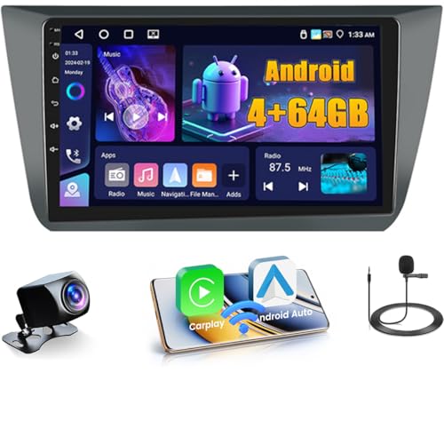 4+64GB Android 15 Car Radio for Seat Altea 2004-2016 Wireless Carplay Android Auto, Touch Screen 9 Inch Bluetooth 2 DIN with GPS, WiFi, RDS FM, EQ, Rear View Camera