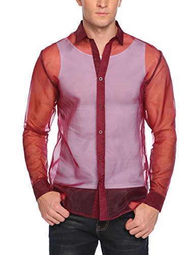 COOFANDY Men's Mesh Dress Shirt Long Sleeve Sexy See Through Button Down Shirts (Small, Red)