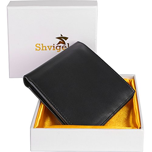 Shvigel Bifold Men’s Wallet - RFID Blocking - made Genuine Leather - Designer Slim Wallet for Men - With ID Window and Gift Box (Black)