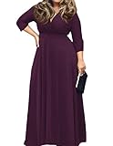 POSESHE Women's Solid V-Neck 3/4 Sleeve Plus Size Evening Party Maxi Dress Purple XXXL