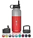 The Flow Insulated Water Bottle Large 32oz Stainless Steel Hydro Vacuum Flask With Wide Mouth Straw Lid, Coffee Flip Lid and Carabiner, Double Wall Sports Travel Tumbler (Orange, 1L)
