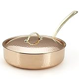 Kuprum Solid Copper Saute Pan with Lid 2.2 Quarts Hand-Hammered Tin Lined