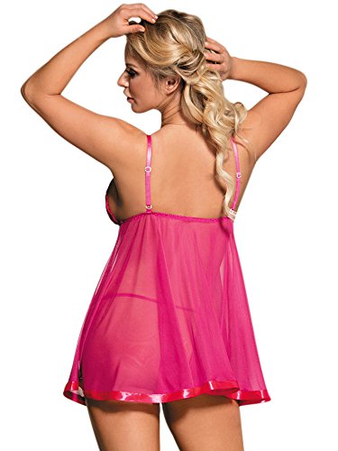 DotVol Women Plus Size Lingerie Vintage Lace Sparkly Sequin Transparent Babydoll Sleepwear(US L/Tag XL, Rose Red)