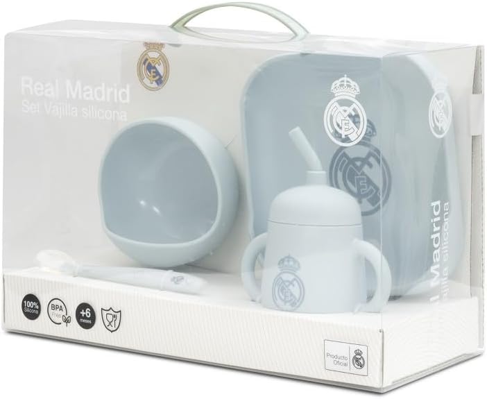 - Set de Vajilla Infantil 4 Piezas de Silicona Real Madrid Azul| Plato, Bol, Cuchara y Taza |Apto para Microondas y Lavavajillas | Libre de BPA