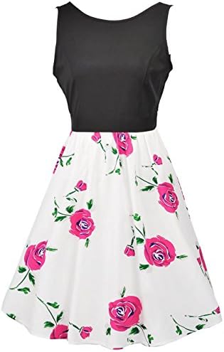 Women's Sweet Two Tone Tank A Line Flare Floral Print Dress with Bowtie Belt