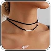 Sttiafay Boho Layered Leather Choker Necklace Black Leather Rope Necklace Silver Bar Choker Necklace Short Suede Collar Necklace Leather Cord Chain Necklace Jewelry for Women