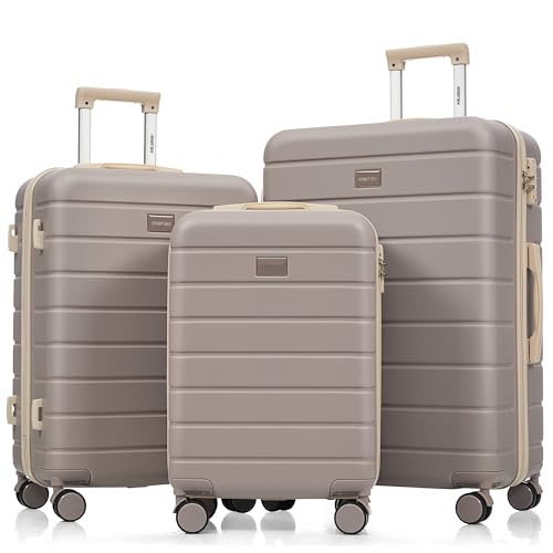 Merax Sets 3 Piece Suitcases, Hardside Carry-on, Checked Luggage, Lock, Brown+ABS, 20/24/28 Inch