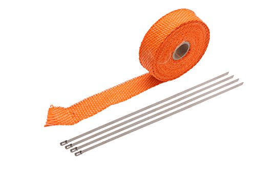 Exhaust Wrap 1" x 16' Roll for Motorcycle Fiberglass Heat Shield Tape with 4PC Stainless Ties (orange)