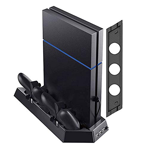 Vertical Stand with Cooling Fan for PS4 Slim / Pro / Regular PlayStation 4, Controllers Charging Station with Dual Charger Ports and USB HUB for Console Dualshock 4 Controller