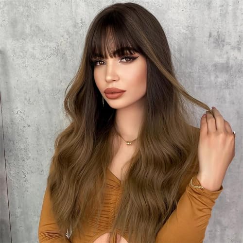Dark Gold Color Long Wave Wig for Women Ombre Synthetic Wig with Bangs Natural Wig Hair