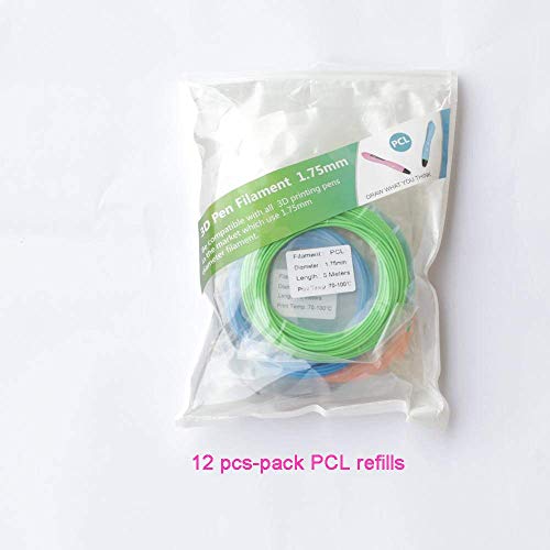1.75mm PCL Filament Refills for 3D Drawing Pen, Accessories Consumables Only for Low Temp 3D Printer Pen, Non-Toxic, No Odor, Safe to Use, 12 Pack for Longer Drawing