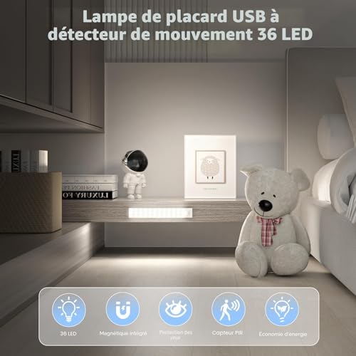 Lampe d'Armoire 36 LEDs, Rechargeable USB Sans Fil LED Lampe de Placard à Détecteur de Mouvement, Éclairage à LED étude de Cuisine Veilleuse Escalier Couloir (2 Pack)