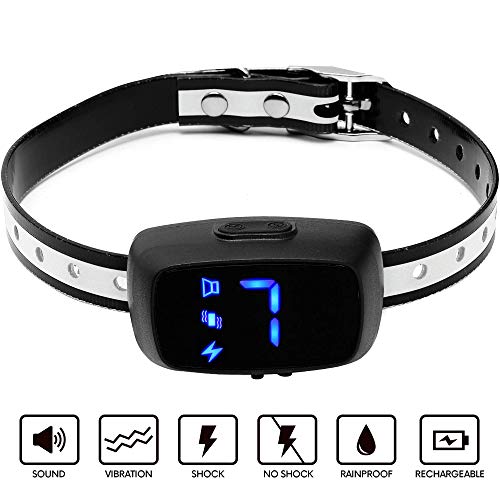 FIG TRADERS Dog Bark Collar 2019 with LED Screen 7 Adjustable Sensitivity and Intensity Levels Dual Anti Barking Modes Rechargeable/Rainproof No Barking Dog Collar for Medium and Large Breeds