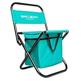 Mini Portable Folding Chair w/ Built In Cooler by Savvy Glamping - Compact Outdoor Camping Chair for Picnics, Hiking, Tailgating, Parades & More - Includes Travel Tote Bag for On the Go Seating